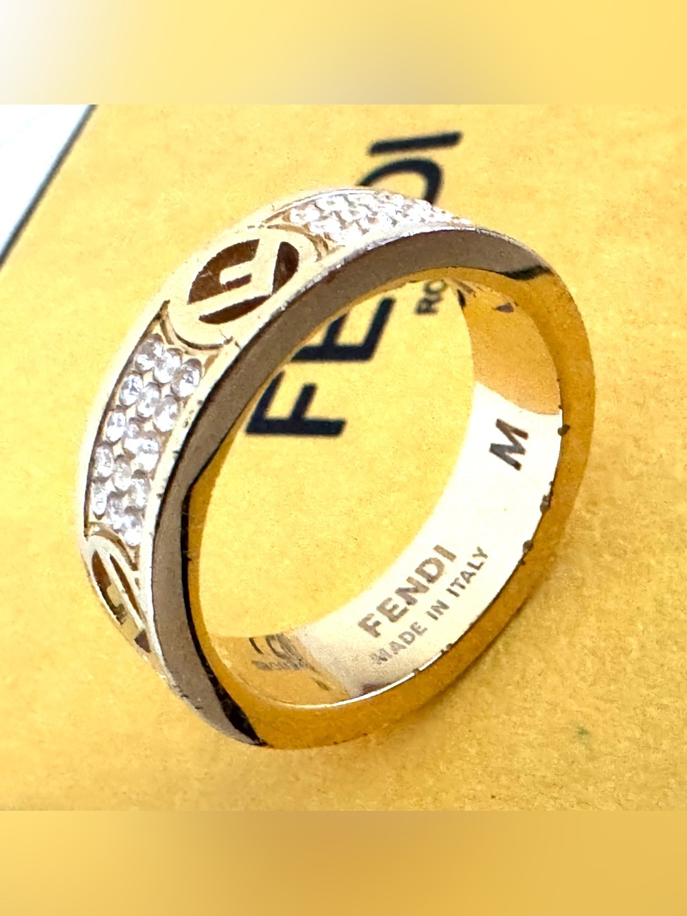 FENDI - FF Crystal Gold Tone Ring Size M Approx US 6.5-7 w Box - Picture 3 of 8